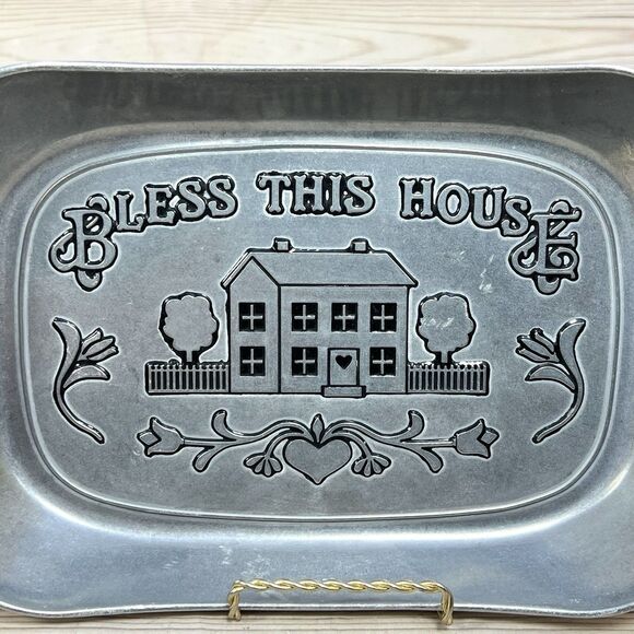 Vintage WILTON ARMETALE Metal Serving Dish Bread Tray 'Bless This House' 11"x7" - Picture 11 of 12